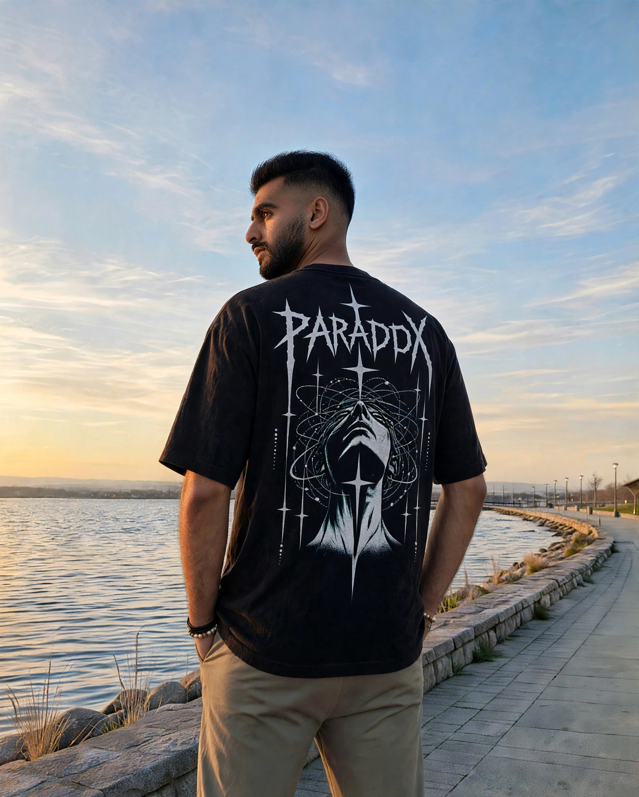Ariyan from behind wearing the black PARADOX graphic tee