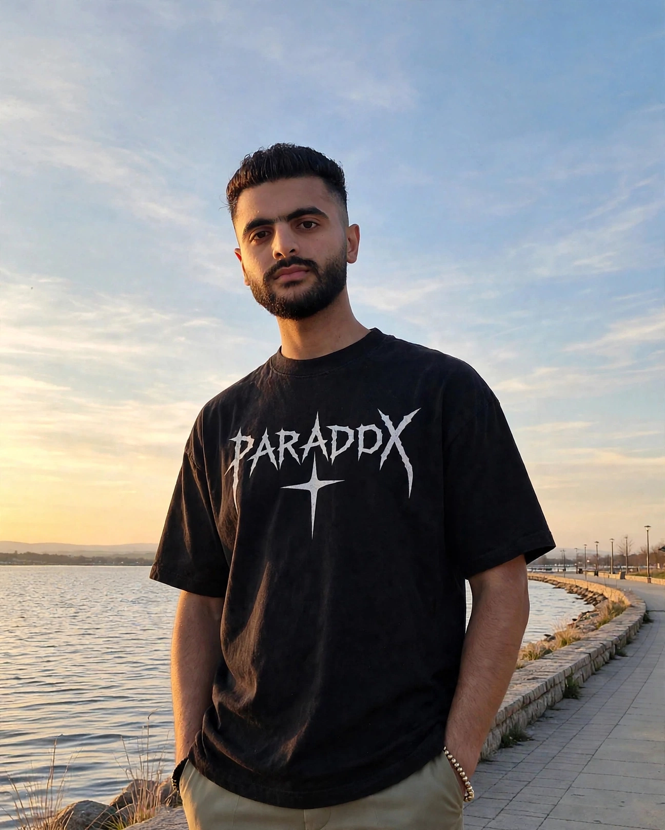 Ariyan wearing the black PARADOX graphic tee